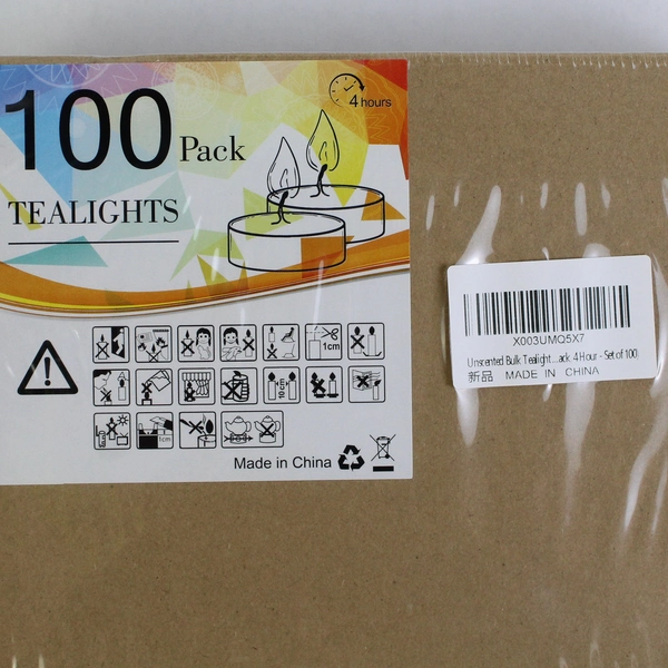 Sealed Set of 100 Unscented Tea Lights with 4 Hour Burn Time