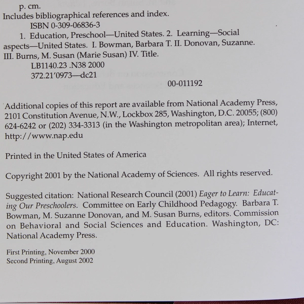 Eager to Learn Educating Our Preschoolers National Research Council 2002 HC DJ