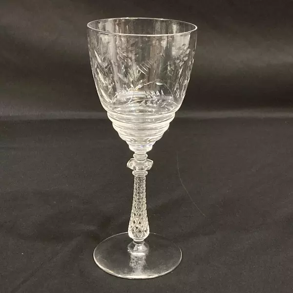 Vintage Rock Sharpe Crystal Wine Glass Embossed Floral Diamond Stem 7.75"
