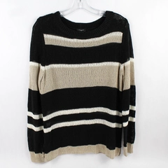 Ann Taylor Loft Black and Beige Open-Knit Sweater Women's Size Petite Large