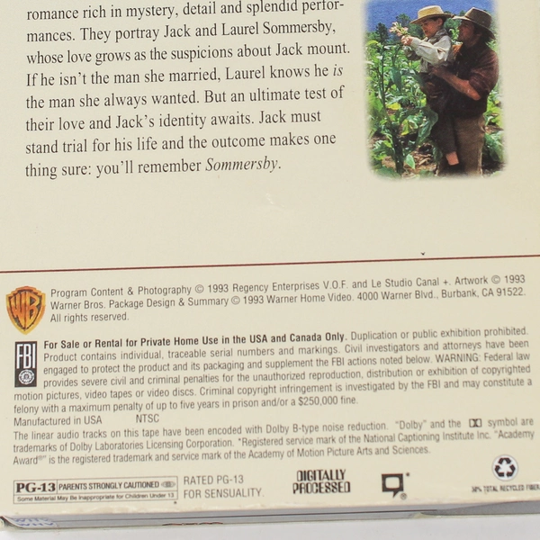 Sommersby VHS 1993 Warner Bros Richard Gere Jodie Foster