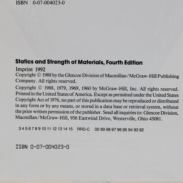 Statics and Strength of Materials Fourth Edition 1992 Hardcover
