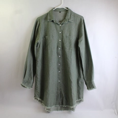Unbranded Distressed Solid Green Button-Up Shirt Women's Size XL