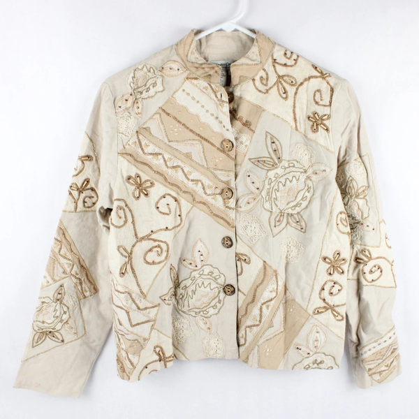 Coldwater Creek Beige Tan Button Up Embroidered Jacket Women's Sz PS