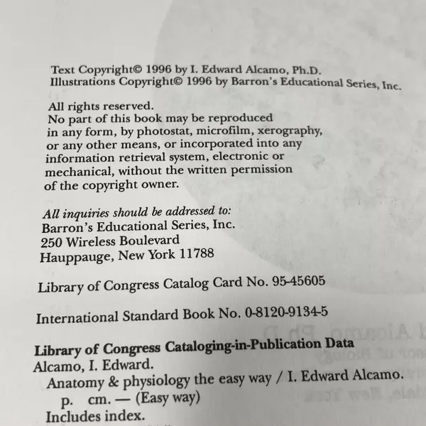 Anatomy and Physiology the Easy Way by I. Edward Alcamo 1996 Paperback