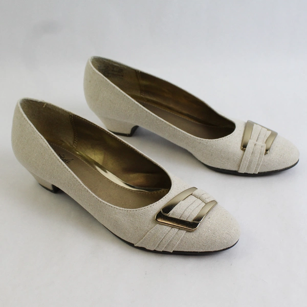 Soft Style Kitten Heel Women's 10 EUR 42 Narrow Khaki Tan Tweed Gold Buckle