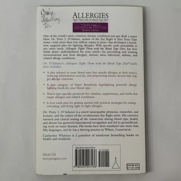 Allergies: Fight Them with the Blood Type Diet 2005 Paperback Peter J. D'Adamo