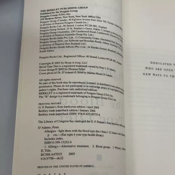 Allergies: Fight Them with the Blood Type Diet 2005 Paperback Peter J. D'Adamo