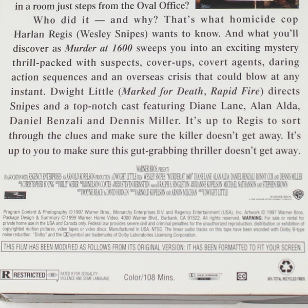 Murder at 1600 VHS 1999 Warner Brothers Wesley Snipes Diane Lane