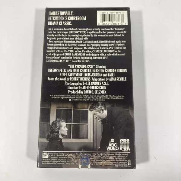 The Paradine Case VHS 1992 Hitchcock Collection Good Condition Collectible