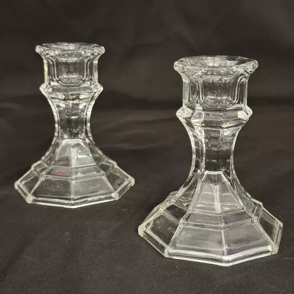 Vintage Pair Of Octagon Shaped Clear Glass Taper Candle Holders