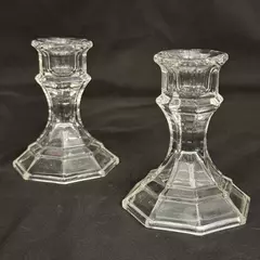 Vintage Pair Of Octagon Shaped Clear Glass Taper Candle Holders