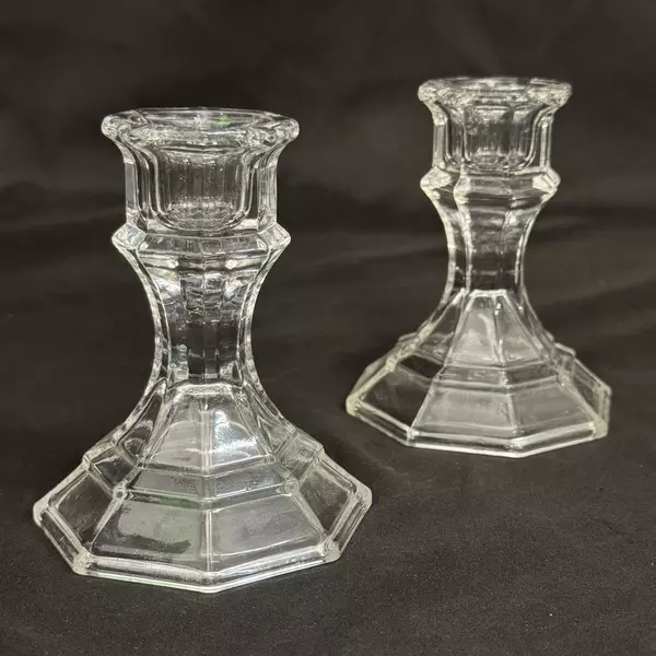Vintage Pair Of Octagon Shaped Clear Glass Taper Candle Holders
