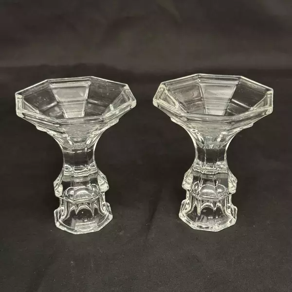 Vintage Pair Of Octagon Shaped Clear Glass Taper Candle Holders