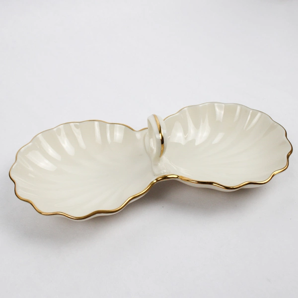 Lenox Clamshell Candy & Nut Dish White Ceramic With Painted Gold Trim