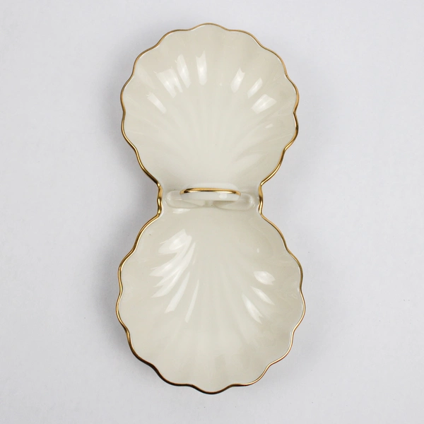 Lenox Clamshell Candy & Nut Dish White Ceramic With Painted Gold Trim