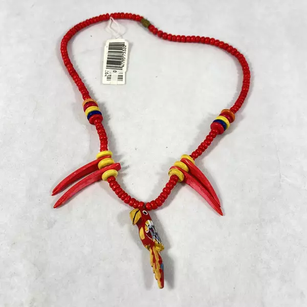 Gold Key Wood Bead Necklace Red Yellow Parrot Pendant 18.5 Inch