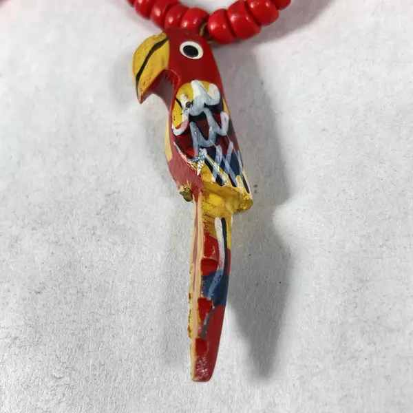 Gold Key Wood Bead Necklace Red Yellow Parrot Pendant 18.5 Inch