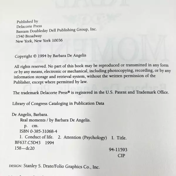 Real Moments by Barbara De Angelis 1994 Hardcover Book - Good Condition