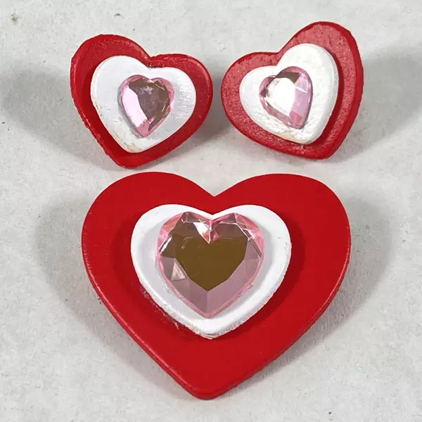 Vintage Wood & Rhinestone Heart Brooch & Earring Set - Charming Jewelry
