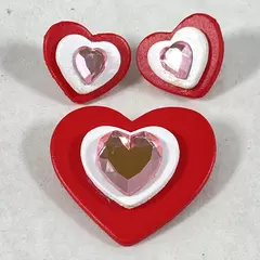 Vintage Wood & Rhinestone Heart Brooch & Earring Set - Charming Jewelry