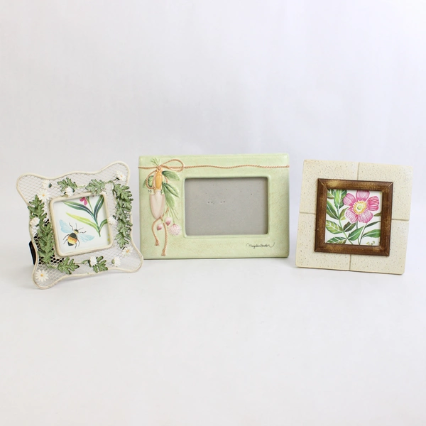 Lot of 3 Floral Garden-Themed Desk Photo Frames Varied Photo Sizes