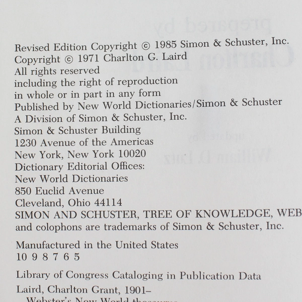 Webster's New World Thesaurus-New Revised Edition 1985 Hardcover Book