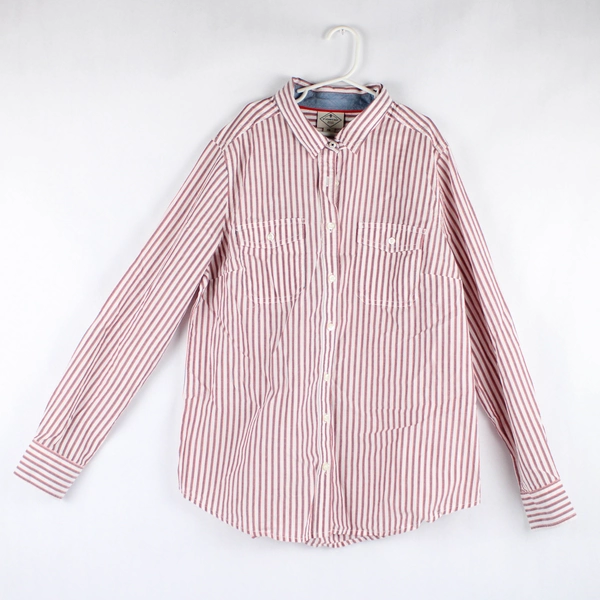 St John's Bay Red Blue White Stripped Button Down Dress Shirt Men's Size PM