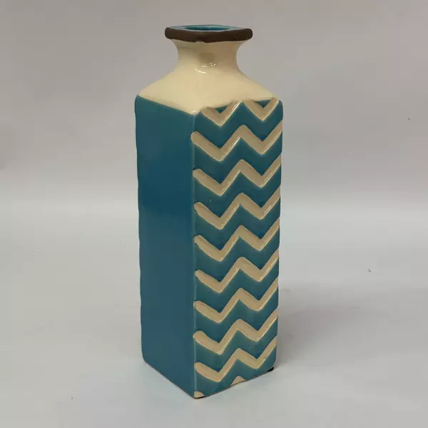 Home Accents Blue And White Ceramic Vase Zigzag Pattern 11.75 Inch