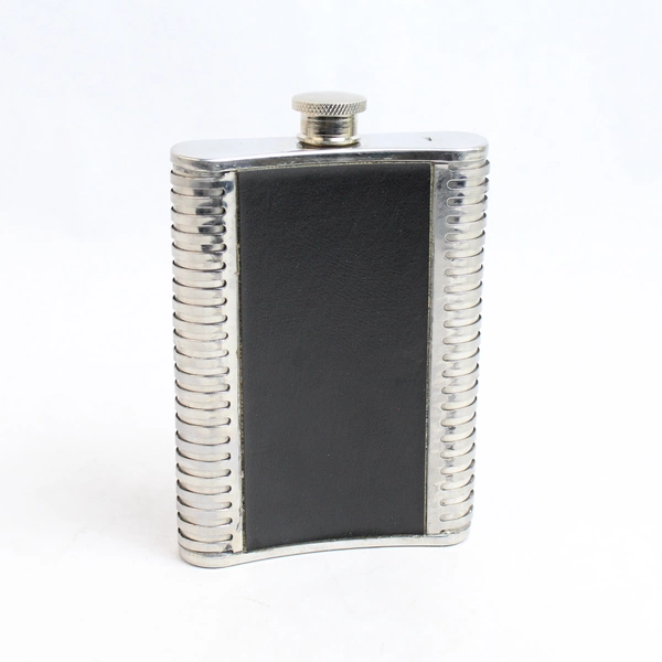 Stainless Steel Black Faux Leather Screw Cap Hip Flask 8oz