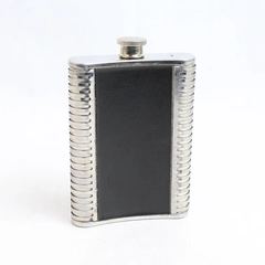Stainless Steel Black Faux Leather Screw Cap Hip Flask 8oz