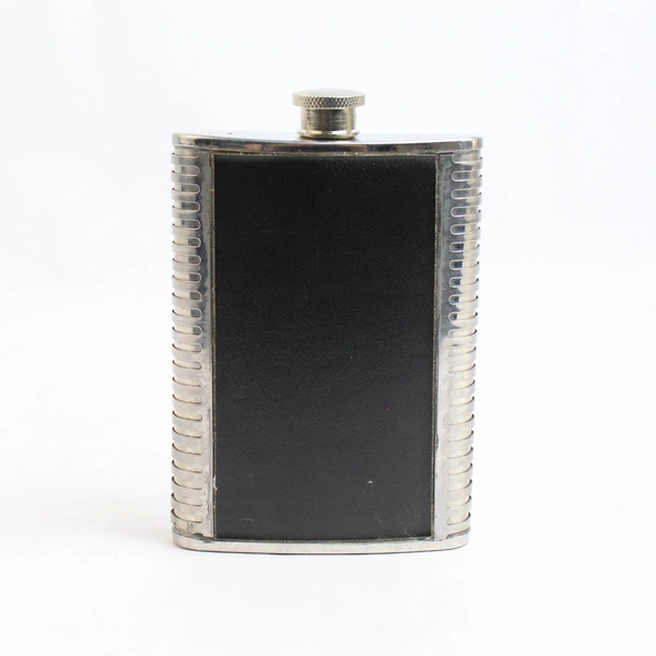 Stainless Steel Black Faux Leather Screw Cap Hip Flask 8oz