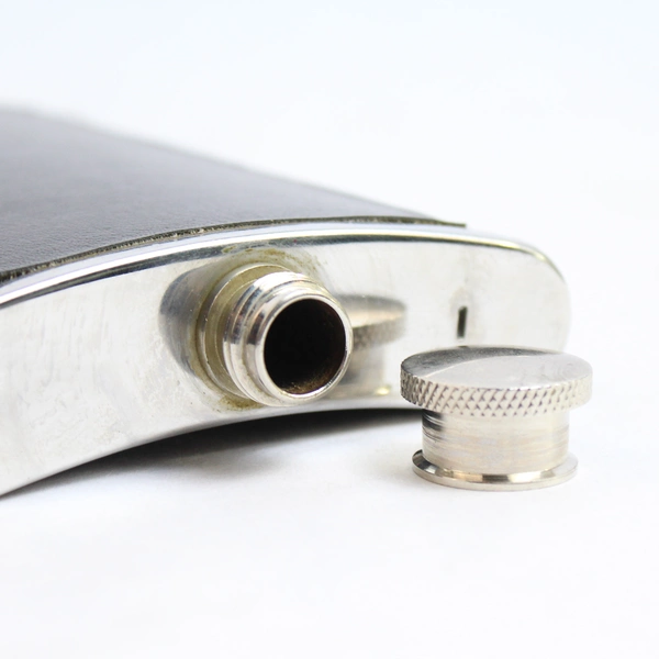 Stainless Steel Black Faux Leather Screw Cap Hip Flask 8oz