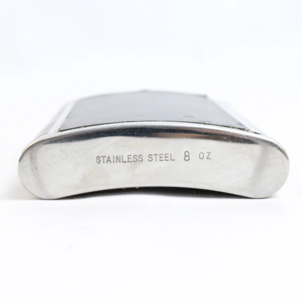 Stainless Steel Black Faux Leather Screw Cap Hip Flask 8oz