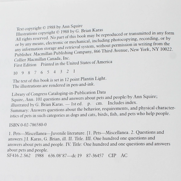 101 Questions & Answers About Pets & People by Dr. Ann Squire 1988 Hardcover