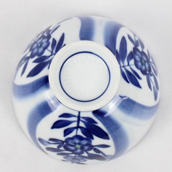 White Ceramic Asian Footed Rice Bowl Cobalt Blue Floral Pattern