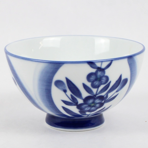 White Ceramic Asian Footed Rice Bowl Cobalt Blue Floral Pattern