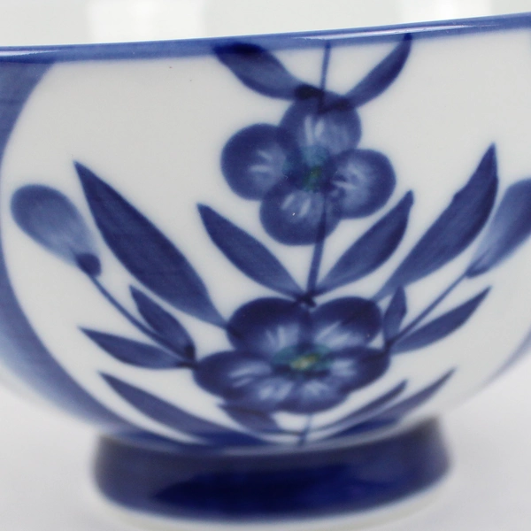 White Ceramic Asian Footed Rice Bowl Cobalt Blue Floral Pattern