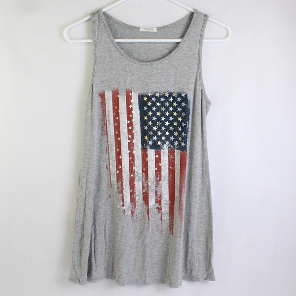 12PM by Mon Ami Women's Size Small Gray Tank Top w/ American Flag