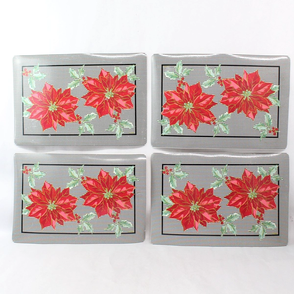 Set of 4 Vintage Vinyl Christmas Placemats Holly Berries & Poinsettias