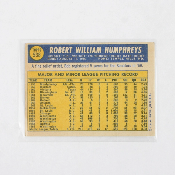 1970 Topps Baseball Trading Card Washington Senators Bob Humphreys #538