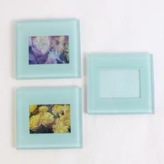 Set of 3 Blue/Green Frosted Glass Mini Picture Frames Floral Photo (4" x 4.5")