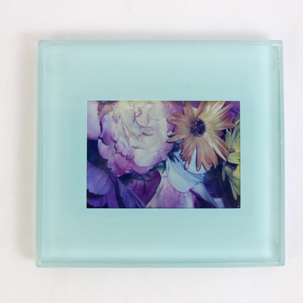 Set of 3 Blue/Green Frosted Glass Mini Picture Frames Floral Photo (4" x 4.5")