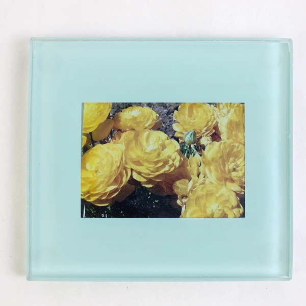 Set of 3 Blue/Green Frosted Glass Mini Picture Frames Floral Photo (4" x 4.5")