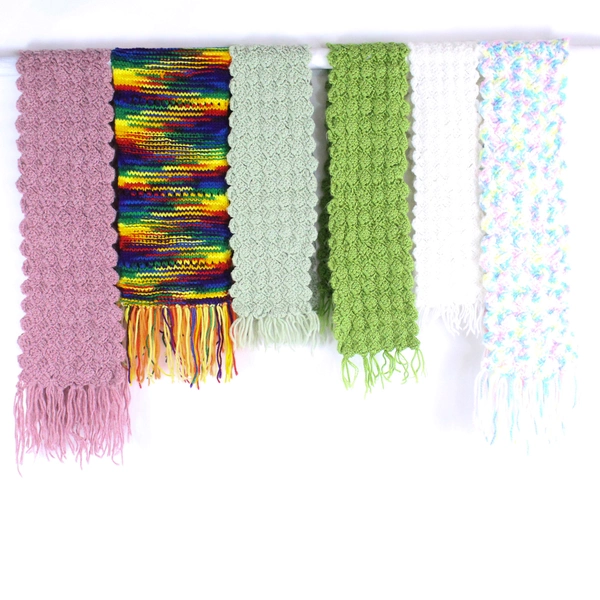 Lot of 6 Handmade Crocheted Fringed Scarves in Various Colors