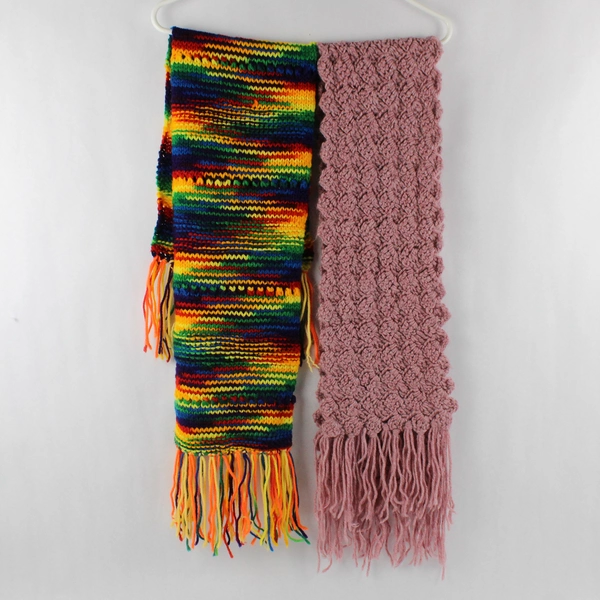 Lot of 6 Handmade Crocheted Fringed Scarves in Various Colors