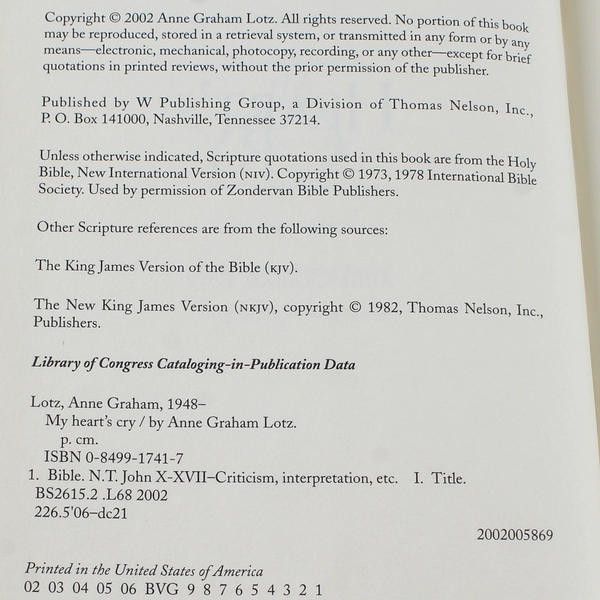 My Heart's Cry by Anne Graham Lotz 2002 Hardcover Book - Good Condition
