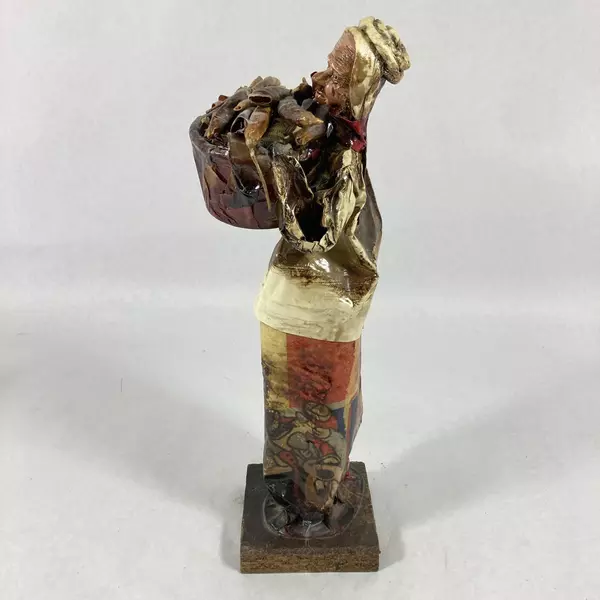 Vintage Mexican Paper Mache Figurine Woman with Chili Basket Folk Art