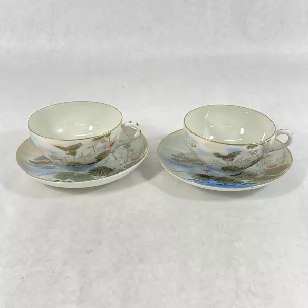 2 Hand Painted Japanese Cups And Saucers Landscape Scene Cranes Lotus Flowers