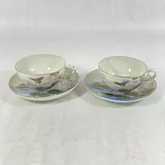 2 Hand Painted Japanese Cups And Saucers Landscape Scene Cranes Lotus Flowers